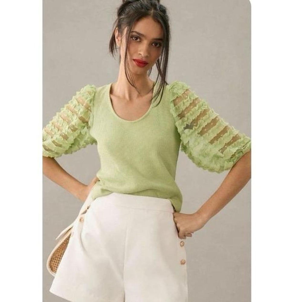 Anthropologie Dolan green ribbed puffed sleeve top xs